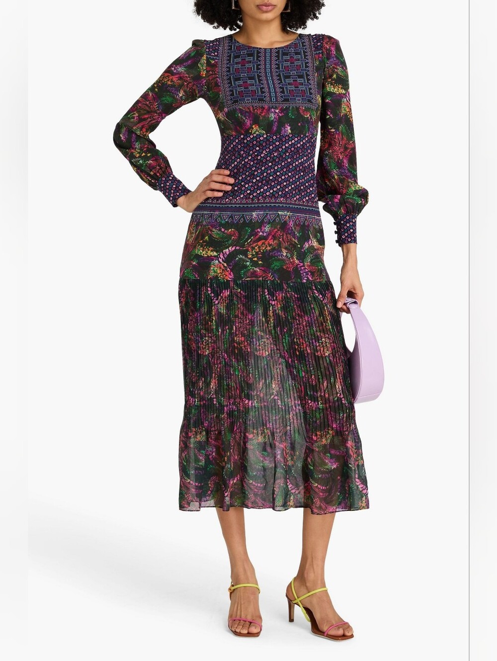 SALONI Vera Silk Pleated Crepe de Chine Midi Dress Made Italy Designer Size 10